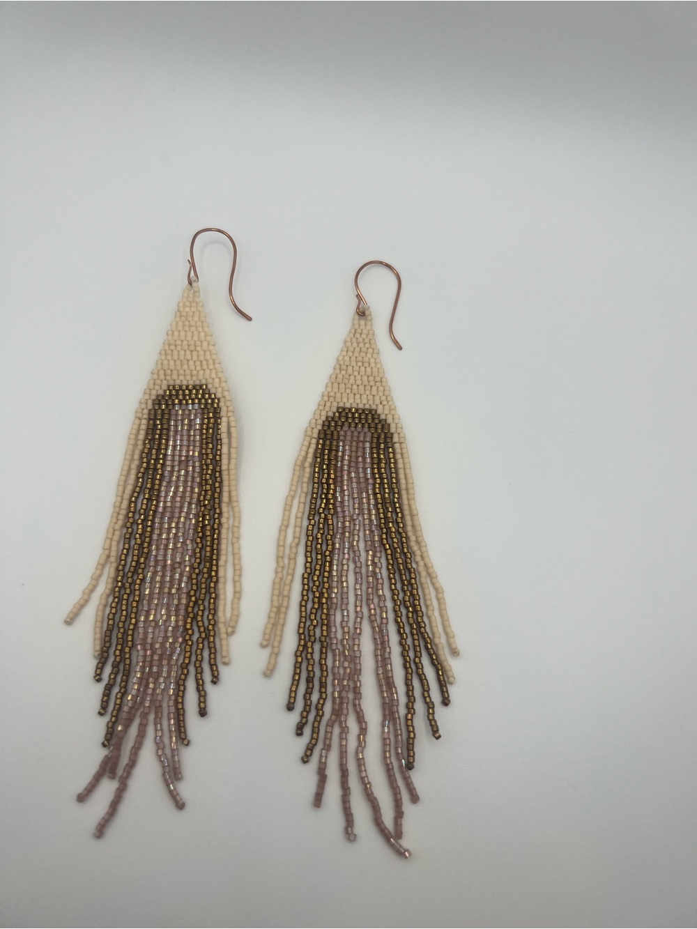 Beaded Fringe Drop Earrings in Cream and Taupe